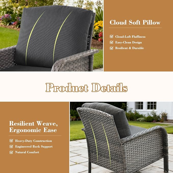 6 Pieces Patio Furniture Set, All-Weather Rattan Wicker Outdoor Furniture Loveseat Chairs with Coffee Table, High Back Conversation Set for Porch, Backyard, Balcony, Black