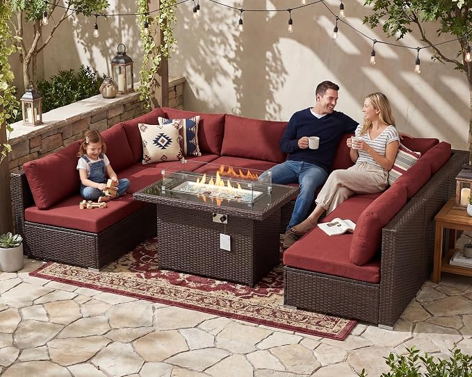 BULEXYARD 9 Piece High Back Outdoor Sectional Couch Set with Fire Pit, Luxury Weather-Resistant Patio Furniture Set, Comfy Extra Large 8-Person Backyard Seating Group L-Shape for Exterior, Brown & Red