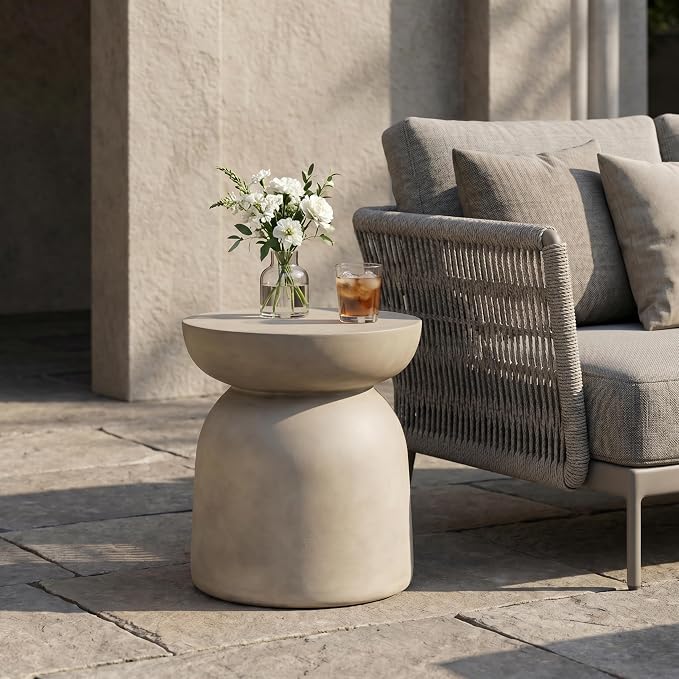 Outdoor Side Table Concrete End Table Faux Stone Side Tables Small Coffee Tables for Indoor Outdoor, Garden Stool Plant Stand for Porch, Backyard Patio, 15.75"X18" Light Grey-Round