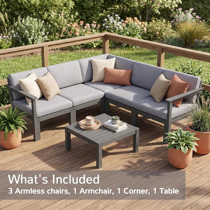 Stoog Patio Furniture Set, 6-Piece All-Weather Outdoor Sectional Sofa Set - Modular & Waterproof HIPS Frame, Quick-Dry Olefin Cushions, Grey