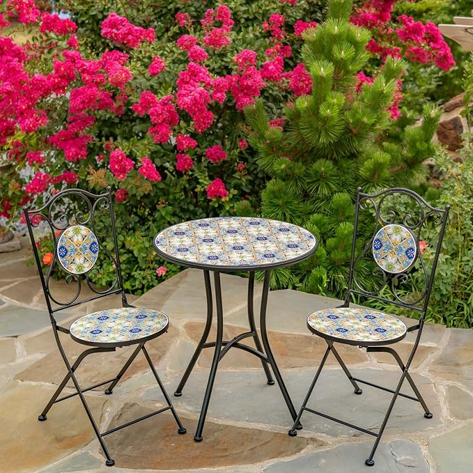 Zaer Ltd. Mosaic Tile Furniture with Black Metal Frame and Patterned Tile Tops (Bar Harbor - Black/Blue/Green, Bistro Set (2 Chairs, 1 Table))
