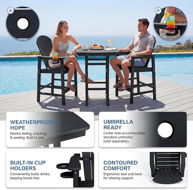 3-Piece HDPE Bar Height Table and Chairs Set, 42.1" Square High Top Pub Table with Umbrella Hole, 2 Adirondack Charis with Cup Holders, Outdoor Patio Dining Set for Bistro Backyard Deck Black