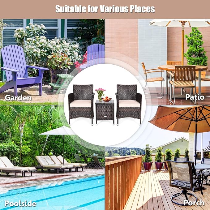 HAPPYGRILL 3 Piece Patio Set Wicker Rattan Furniture Set Outdoor Rattan Conversation Set with Coffee Table Chairs & Thick Cushions Bistro Sets for Patio Garden Lawn Backyard Pool