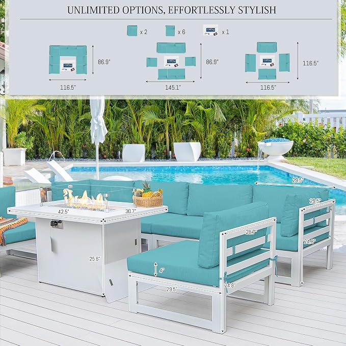 BULEXYARD 8 Person Modern Aluminum Outdoor Patio Furniture Set with Fireplace, 29 inch Wide Deep Seating, Fade Resistant L-Shaped Sectional Couch, Plus Size Conversation Set for Backyard Terrace, Teal