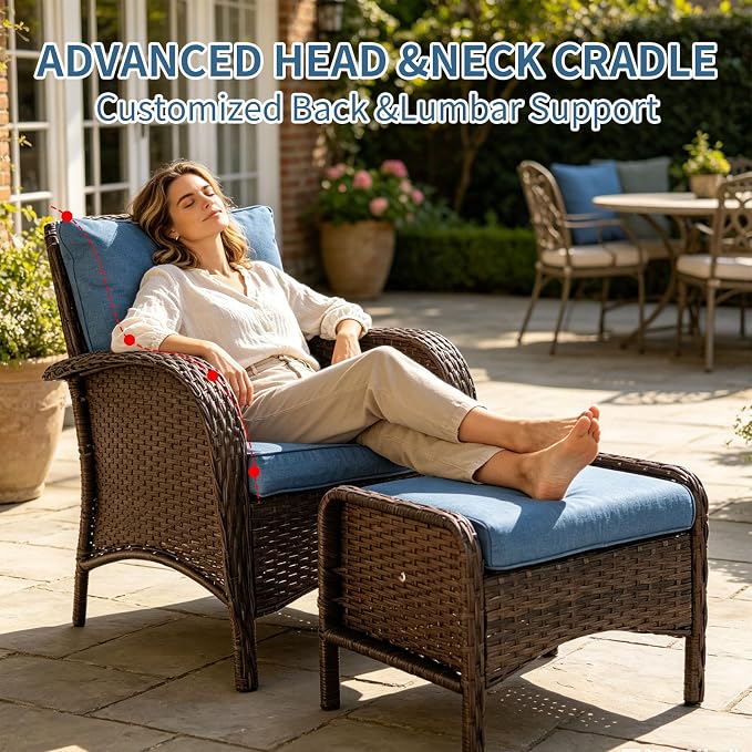 SHGJ&SOFT All Weather Patio Furniture Set, High Back Swivel Rocker Glider Chairs，Ottomans & Glass Tables, Outdoor Conversation Set for Deck Porch Yard Poolside (Blue, 4PCS-Chairs&Ottomans)