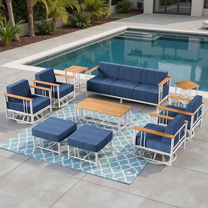 Luxury Outdoor Furniture Set with Swivel Chairs, 10 PCS Patio Furniture Set with 6" Extra Thick Cushions, Suitable for Porch, Balcony, Deck, Patio, Yard, Poolside, White/Blue