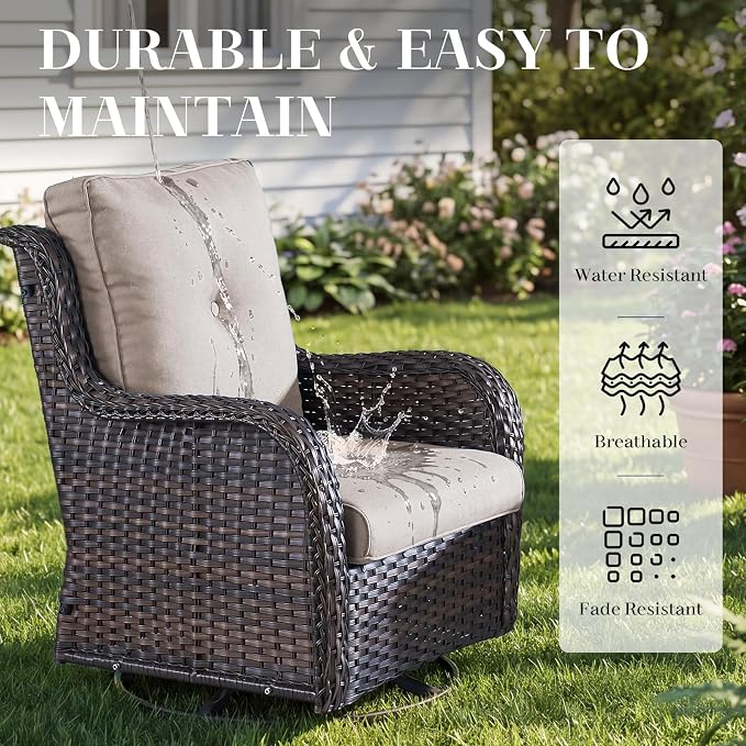 Rilyson Wicker Rocking Chair Swivel Chairs - 3 Piece Rocker Patio Furniture Set Rattan Rocking Bistro Sets with Glass Top Side Table for Outdoor Porch Deck Garden Backyard (Brown/Beige)