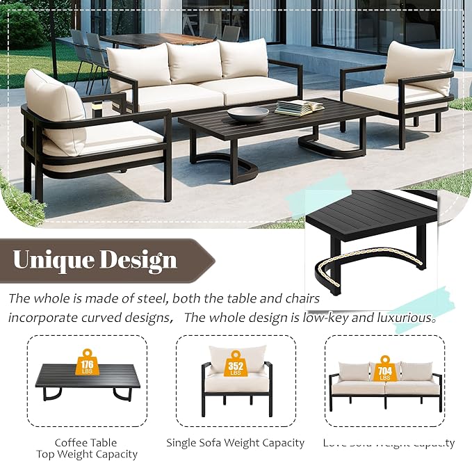 VilroCaz 4-Piece Outdoor Steel Sofa Set, All Weather Patio Conversation Set with 1 Love Sofa, 2 Single Sofas, Coffee Table, Waterproof Cushions, Suitable for Backyard, Poolside Gardens (Beige-Z)