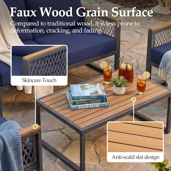 UPHA 7 Pieces Patio Furniture Set with 42" Propane Gas Fire Pit Table, Metal Outdoor Sectional Couch Set with Loveseat & 3-Seat Sofa, Modern Patio Conversation Set for Porch Balcony Deck, Navy Blue