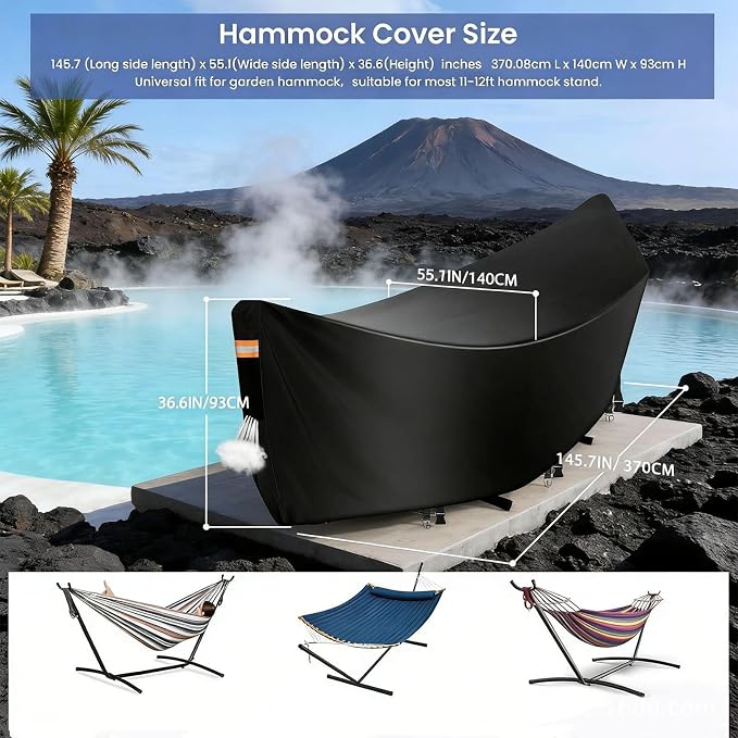Heavy Duty Waterproof Hammock Cover with Stand - Patio Swing Bed Protector, Weatherproof UV-Resistant Oxford Shield, Windproof Buckles, Night-Reflective Handles, Fits 12ft Spreader Bar