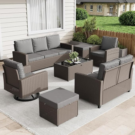 7-Piece Outdoor Patio Furniture Set with Wicker Rattan Sectional Sofa, Swivel Chairs, Ottomans, Coffee Table and Comfy Cushions, All-Weather Conversation Set for Balcony, Deck, Garden, Backyard Lounge