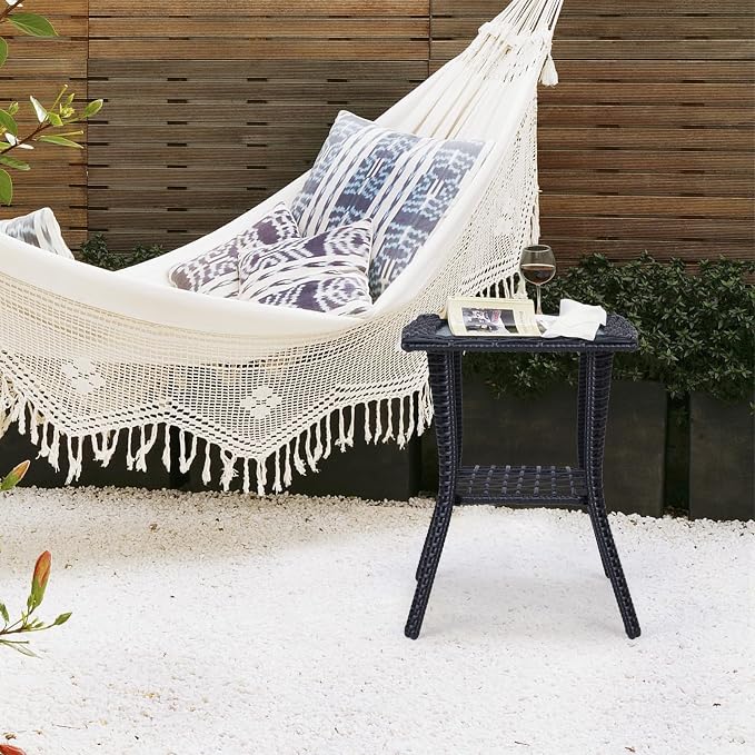 Outdoor Wicker Side Table with Glass Top, 18" Rattan End Table with Storage Shelf, Hand-Woven Patio Bistro Coffee Table for Indoor Garden Porch Balcony, 111 lbs Capacity, Black