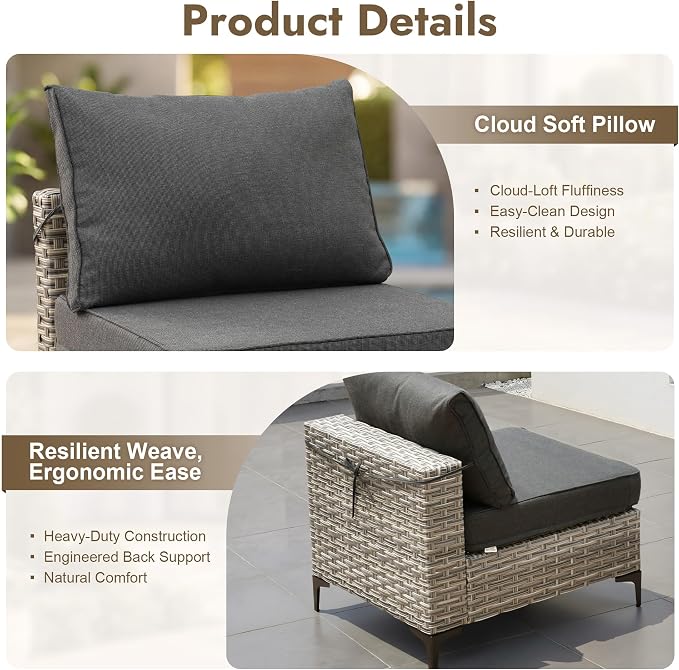 7 Pieces Patio Furniture Set with Solar Light Coffee Table, All-Weather Rattan Outdoor Sectional Conversation Sets L Shaped Sofas with Thick Cushions for Outside Porch Balcony Backyard Black