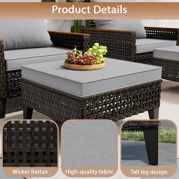 14 Piece Patio Sectional Sofa Furniture Set, All-Weather Wicker Rattan Outdoor Conversation Set with High Back and Thick Cushions, for Garden, Porch, Poolside, Gray