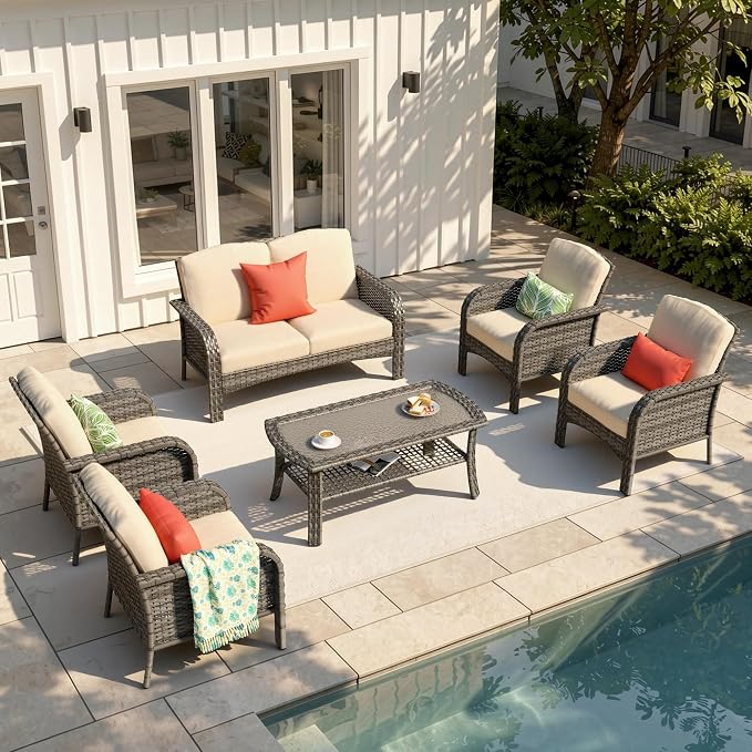 6-Piece Patio Furniture Set, Outdoor Wicker Furniture with Coffee Table, All Weather High Back Loveseat Patio Chairs, Modern Rattan Outdoor Chairs Conversation Set for Porch, Balcony, Garden,Beige