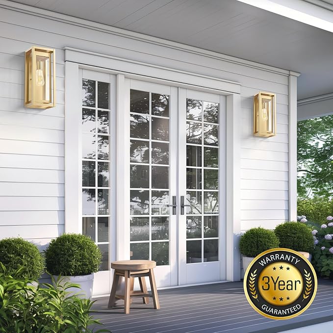 15" Large Gold Outdoor Light Fixture Wall Mount, 2 Pack Waterproof Outdoor Sconces, Modern Wall Lights with Clear Glass Shade for Front Door, Porch, Garage