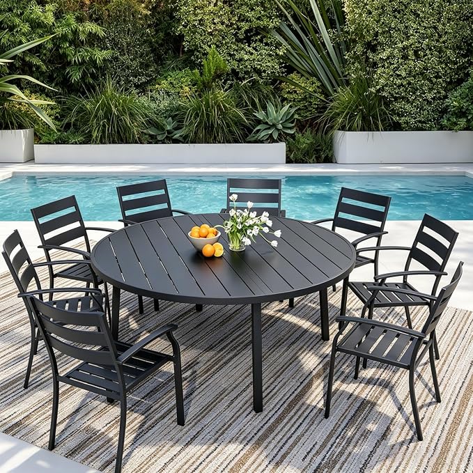 9 Pieces Outdoor Dining Set for 8, 60" Black Metal Round Outdoor Dining Table and 8 Black Metal Stackable Patio Chairs with Arm, Patio Table and Chairs Set for Lawn Garden Backyard