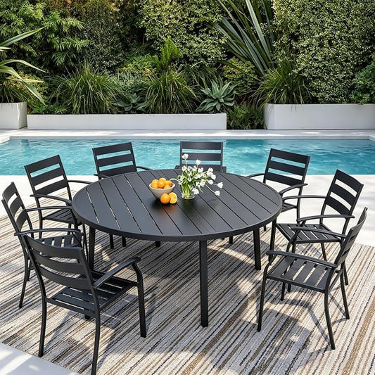 9 Pieces Outdoor Dining Set for 8, 60" Black Metal Round Outdoor Dining Table and 8 Black Metal Stackable Patio Chairs with Arm, Patio Table and Chairs Set for Lawn Garden Backyard