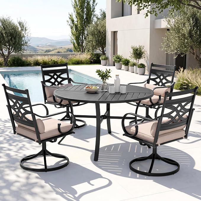 PHI VILLA Patio Dining Set, Swivel Chairs, Round Metal Table | Metal chairs, Beige, Cushions, E-coated