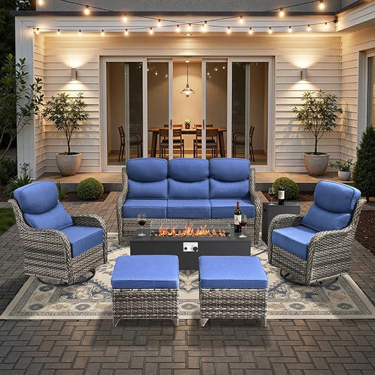 HUMMUH Luxury Patio Furniture Set 6-inch Thick Cushions High Back Swivel Rocker Chairs & 3 Seater-Couch & Steel Fire Pit Table 7 Pieces Outdoor Conversation Set for Porch,Deck,Backyard
