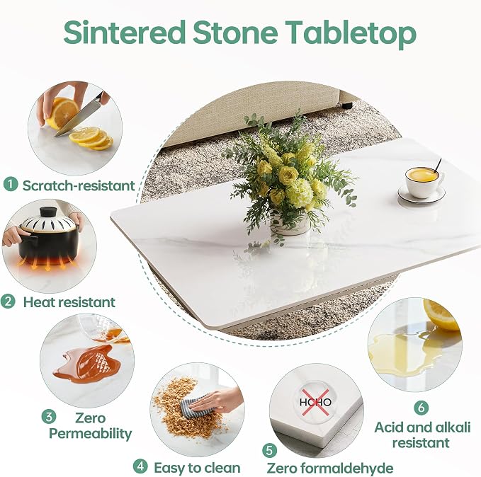 Rectangle Table Top,35.4” x 23.6 ” White Sintered Stone Tabletop, DIY Replacement & Cover Marble Desktop, Scratch & Wear Resistant, Easy to Clean, Suitable for Indoor & Outdoor