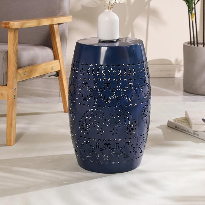 12" Outdoor Solar Side Table, Metal Cutout Drum Side Table, Coffee End Tables, Patio Garden Stool for Small Spaces, Living Room, Backyard, Poolside (1, Dark Blue + Solar)