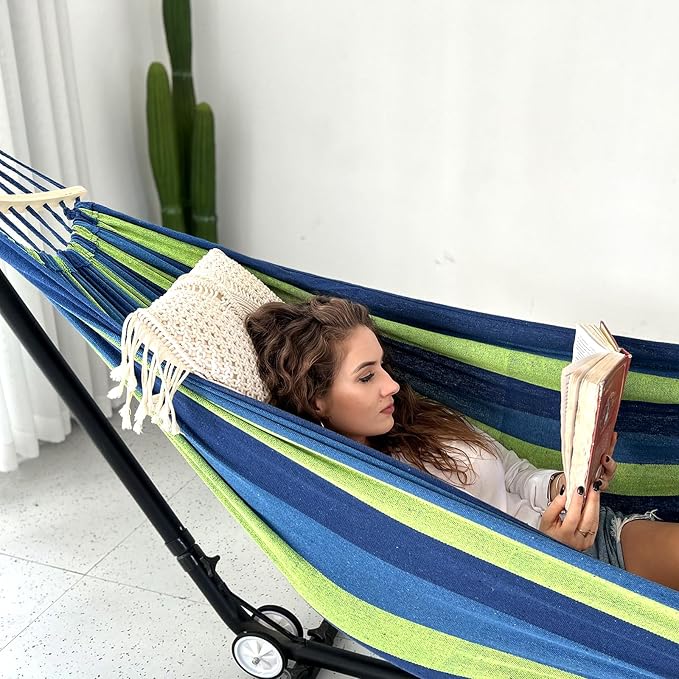 ANYOO Portable Camping Hammock Cotton Hammocks with Spreader Bar Outdoor | Sturdy Lightweight Hammocks Up to 450lbs with Carry Bag