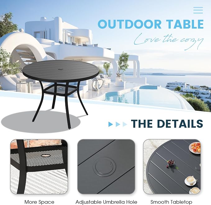 5 Pieces Outdoor Patio Dining Set, 40.6" All Weather Round Metal Table with Umbrella Hole and Storage Shelf, 4 High Back Textilene Swivel Chairs for Garden, Lawn, Black Table & Brown Chairs