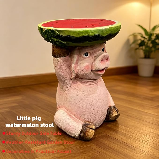 13.4" Cute Pig Side Table w/ Watermelon Top, Resin Plant Stand, Pink+Red | Multi-Functional End Table for Home Garden Patio, Weather-Resistant, Fun Novelty Decor Accent
