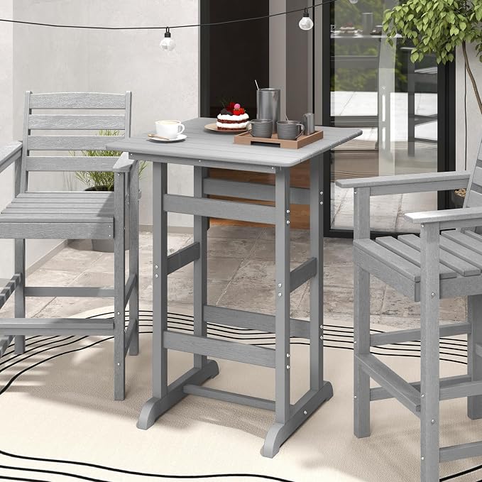 Giantex 42" Height Outdoor Tall Bar Table, HDPE Square Pub Tables with Wood Grains, High Top, Cocktail Bistro Table for Adirondack Chairs, Patio, Garden, Poolside, Yard, Balcony, Grey