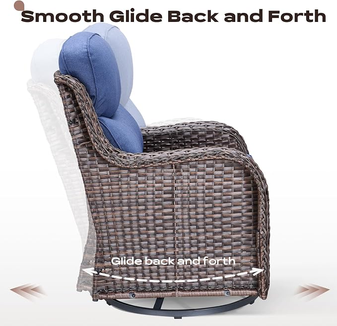 Rilyson Wicker Outdoor Patio Furniture Set - 6 Piece Patio Conversation Sets with Swivel Rocker Chairs, Ottomans, Sofa and Side Table, 6 inch Cushions, Waterproof Wicker, for Porch Deck Brown/Blue