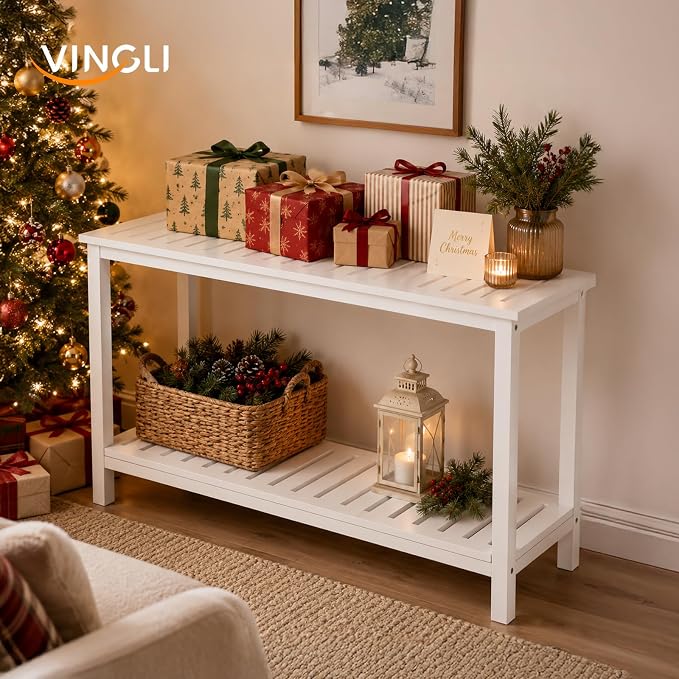 VINGLI 49in Solid Wood Outdoor Console Table, 2-Tier Patio Buffet Bar Table, Multi-Functional Storage Sideboard for Garden, Porch, Balcony (White)