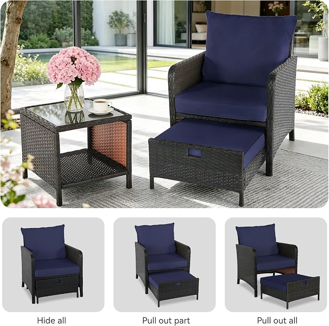 5 Pieces Patio Furniture Set, Rattan Outdoor Lounge Chairs with Soft Cushions,Outdoor Wicker Patio Conversation Set with Hidden Ottoman and Coffee Table for Porch, Garden, Backyard (Dark Blue)