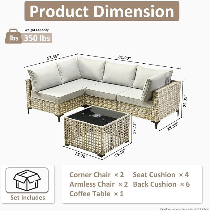 Outdoor Sectional Patio Furniture Set,5 Pieces Rattan Wicker Conversation Sets L Shaped Couch,Outside Furniture with Glowing Coffee Table,Light Grey