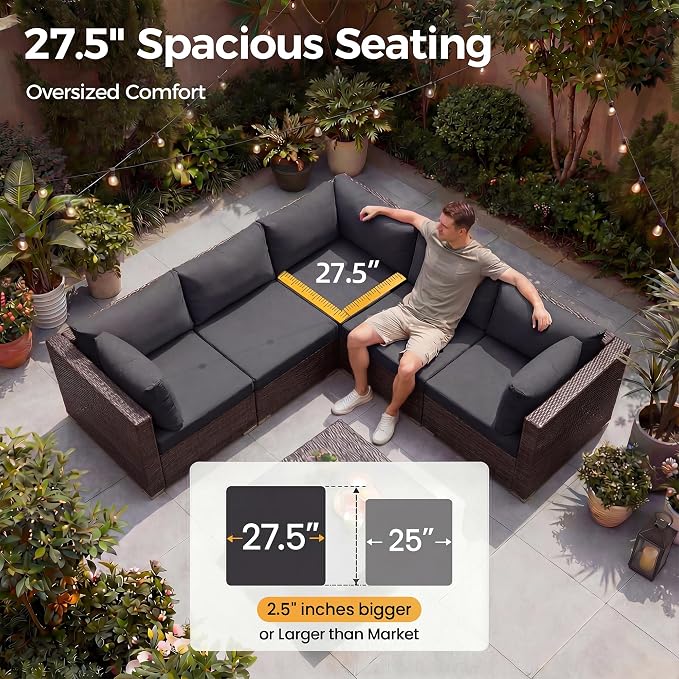 NICESOUL 8 Seat Extra Large Patio Furniture Set with Firepit Table Natural Gas/Propane, 29.3'' High-Back Luxury Outdoor Sectional Conversation Sets for 6 People, Brown Rattan and Dark Grey Cushion