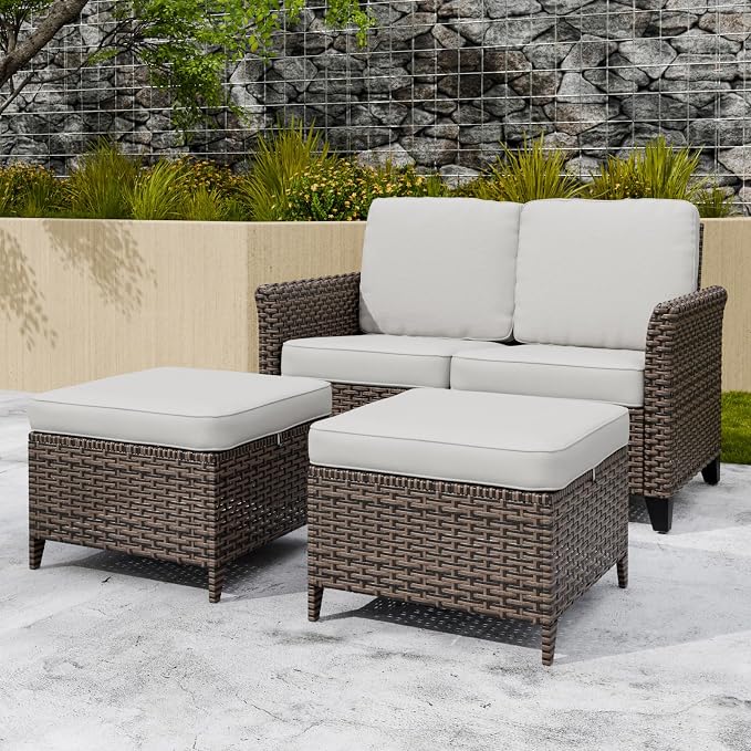 COOS BAY Harbor Retreat 3 Piece Outdoor Furniture Set, Patio Conversation Set with 2 Seat Loveseat and Ottomans, Wicker Furniture, Brown/Beige