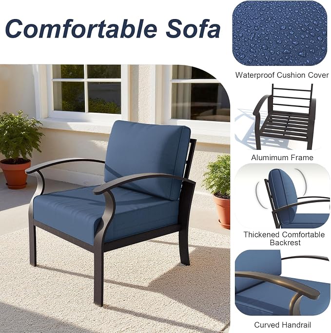 ALAULM Aluminum Patio Furniture Set with Coffee Table Rectangular, 7-seat Outdoor Sectional Furniture w/Swivel Chairs, Patio Conversation Set for Porch, Backyard, Poolside-Dark Blue