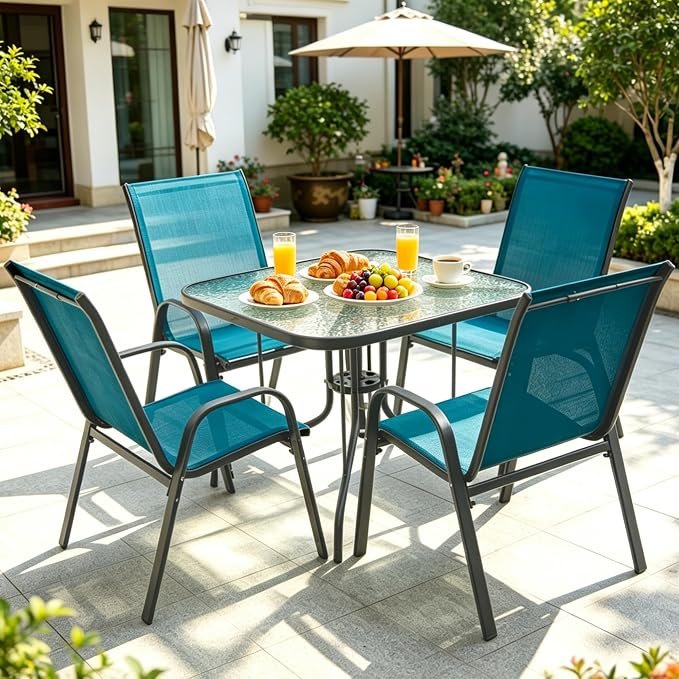 Patio Dining Table for 4 with Umbrella Hole, Outdoor 5 Piece Dining Set 36" x 36", Grey, for Garden Backyard Poolside Front Proch Outside