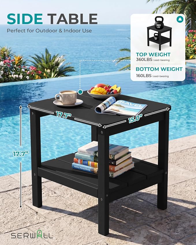 SERWALL Double Layer Adirondack Side Table with Umbrella Hole, HIPS Outdoor Side Table Rectangular End Tables for Patio, Poolside, Garden, Black