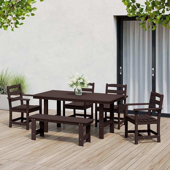 WestinTrends Ashore 6-Piece Outdoor HDPE Patio Dining Table Set with Bench, Dark Brown