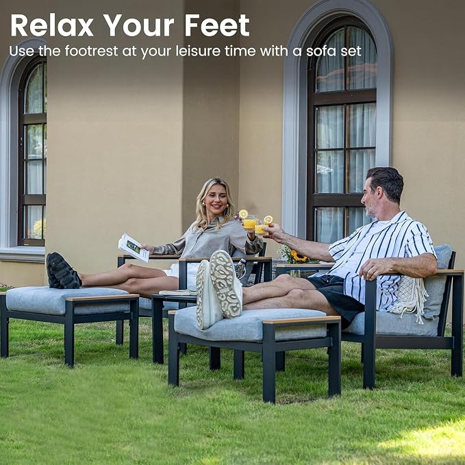 Sundale Outdoor Aluminum Patio Furniture Set, 7 Piece Outdoor Conversation Sets with Coffee Table, Ottoman and Washable Thick Cushions, All Weather Outdoor Sectional Set for Deck, Lawn, Yard (Grey)