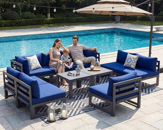 NICESOUL Extra Large Modern Aluminum Outdoor Sofa, 29" Deep Wide Seating, 500 lbs Heavy Duty Sectional Set for Heavy People, Fade & Water Resistant Patio Furniture Set for Backyard Poolside, Navy Blue