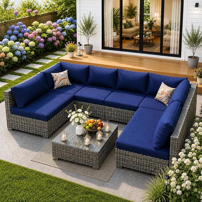 7 Piece Outdoor Sectional with Waterproof Cushions, Outdoor Patio Furniture Set with Coffee Table, Sectional Couch Sofa with Cushions, Wicker Outdoor Conversation Set for Backyard & Garden, Navy Blue