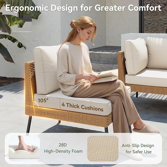Aoxun Patio Furniture Set, 5 Piece Outdoor Sectional Sofas with Thick Cushion, Wicker Outdoor Patio Furniture Set with Coffee Table for Party, Garden, Backyard, Beige