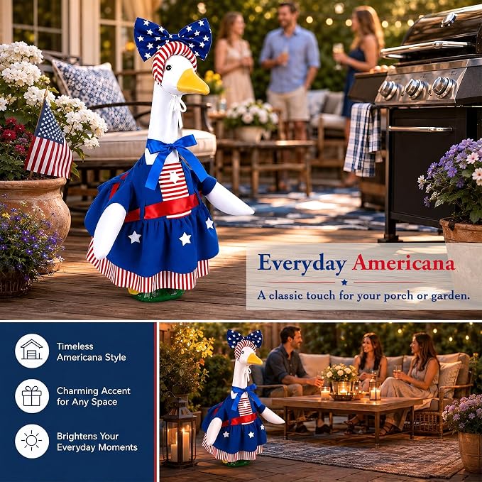 Patriotic Porch Goose Outfit 23 Inch - American Flag Goose Clothes for Lawn Statue, Red White Blue Costume for Memorial Day Veterans Day Decor, Outdoor Garden Patio Yard Decoration