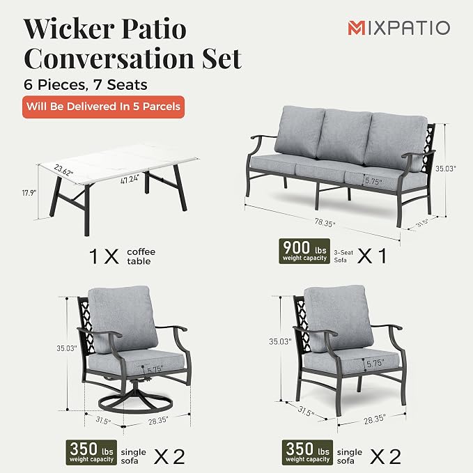 MIXPATIO Patio Furniture Set 6 pcs, Outdoor Patio Furniture, 1 X 3-Seat Sofa, 2 X Single Chairs, 2 X Swivel Chairs, 1 X Coffee Table and 5.75" Extra Thick Cushion, Patio Conversation Set,Grey
