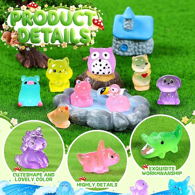 200PCS Luminous Mini Resin Animals 30 Styles, Little Small Animal Figures to Hide Tiny Resin Animals Variety Pack for Fairy Garden Accessories Micro Landscape Dollhouse Decor.
