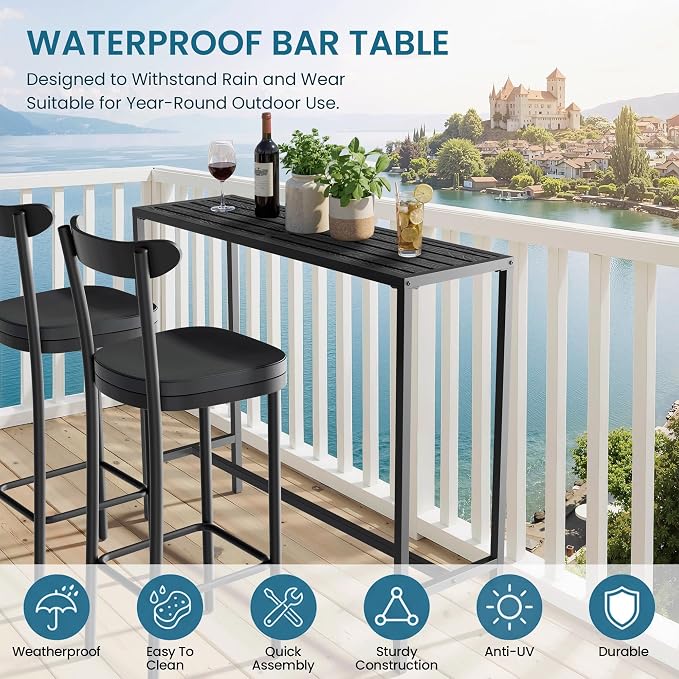 Outdoor Bar Table, 36in Bar Height Table, Black Metal Frame with Weatherproof Top, HDPE Outdoor Furniture for Patio, Hot Tub, Party, Balcony, Indoor