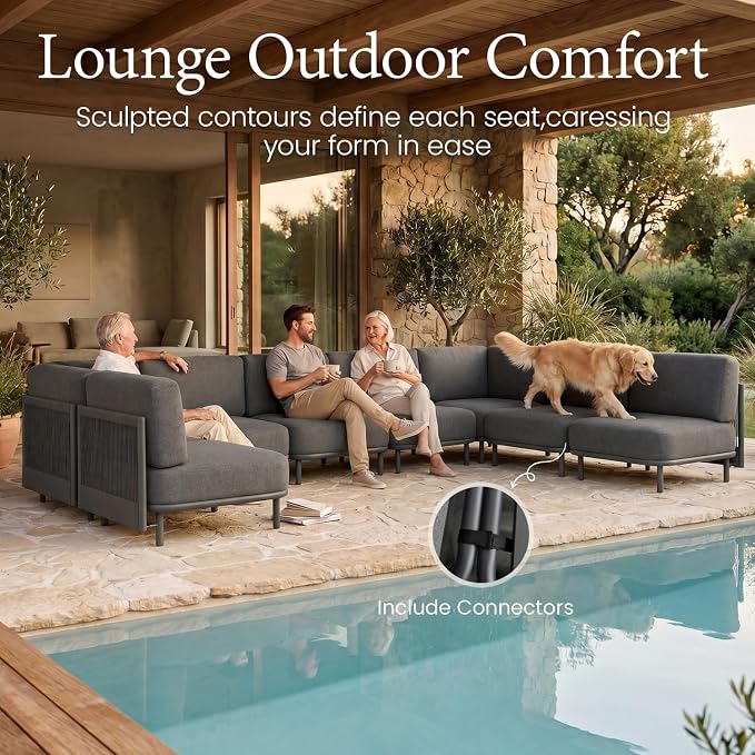 LayinSun 7 Pieces Patio Furniture Set with Fire Pit Table, Modern Outdoor Modular Sectional Conversation Set L-Shaped Sofa with 7-inch Cushion for Garden Backyard Deck