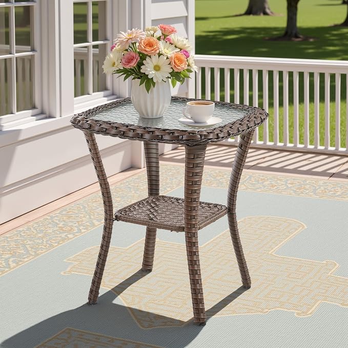Patio Tables Wicker Side Table, Outdoor End Table with Storage Shelf, Patio Furniture Side Table for Sofa, Swivel Chairs, Garden, Balcony - Dark Brown